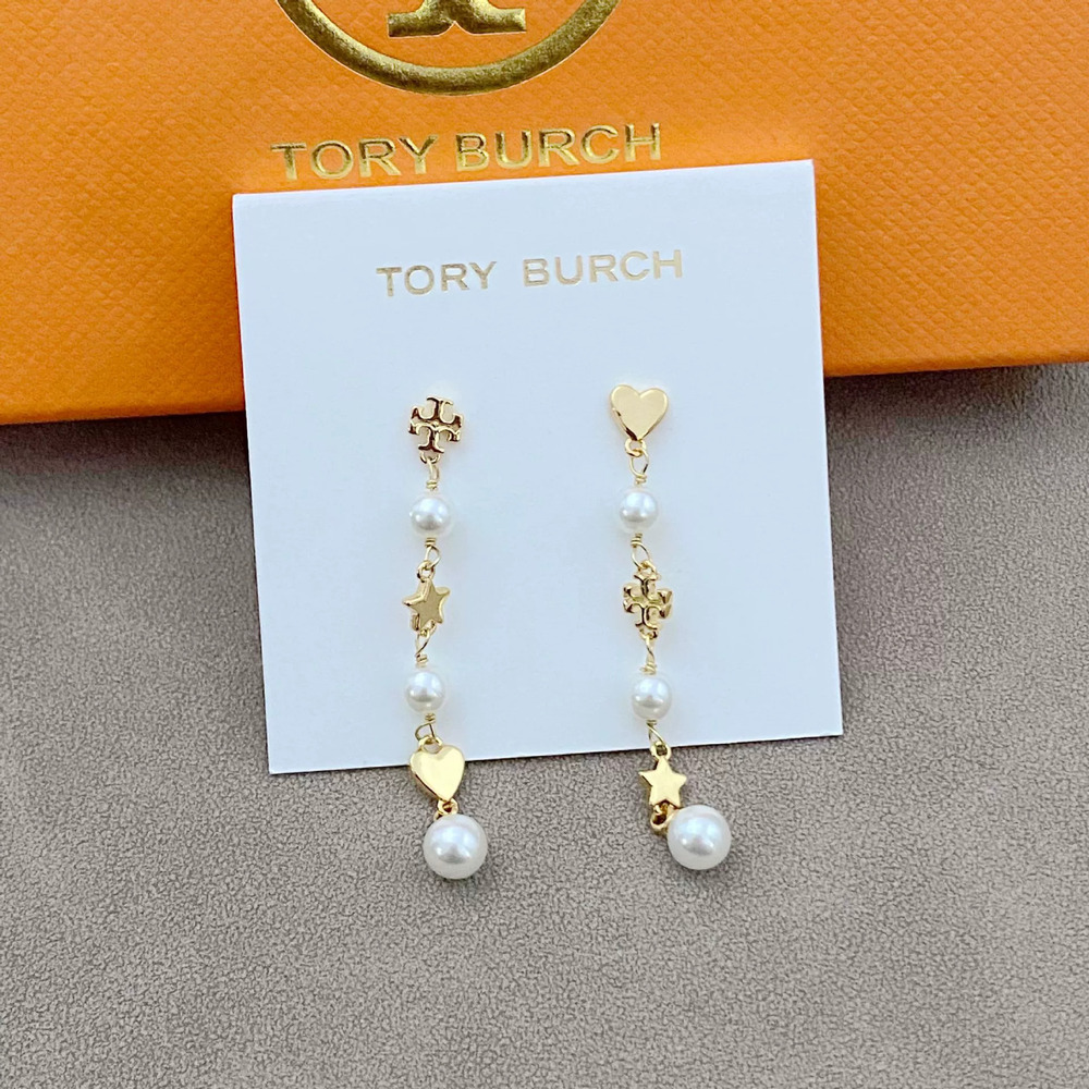 Tory Burch Star Heart Faux Pearl Asymmetrical Long Metal Drop Earrings